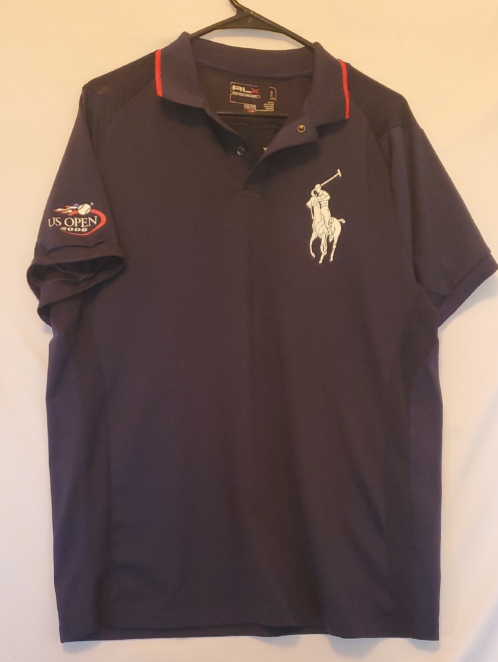 Ralph Lauren Navy  2006  U.S Open Polo White Pony & Red Collar Trim Mesh Sides